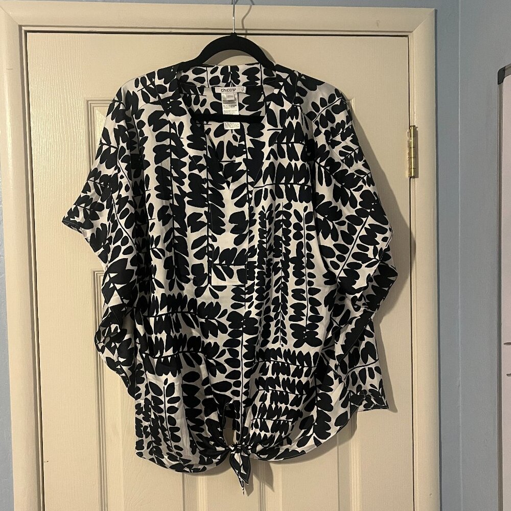 Chico's Black & White Botanical Satin Blouse